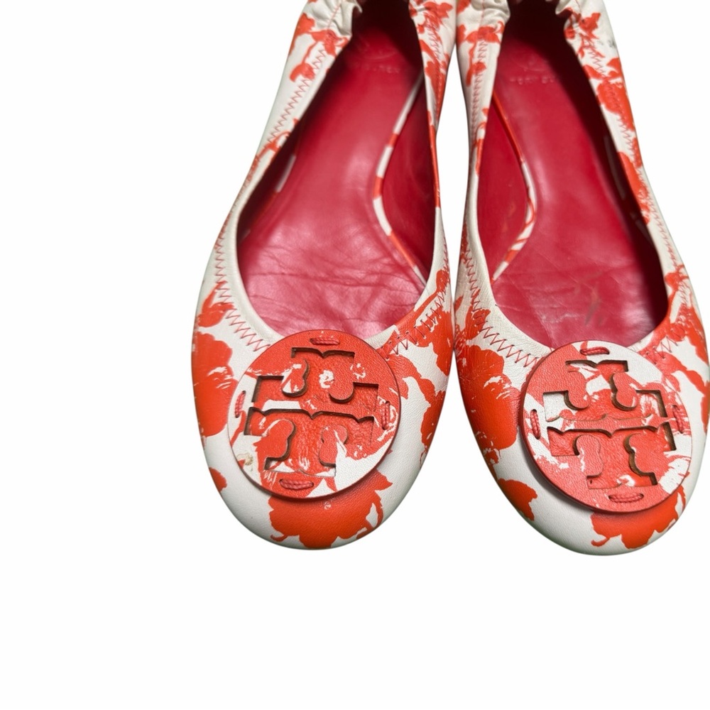 Tory Burch Red/ Orange  and White Patterned Flats - Picture 2 of 10